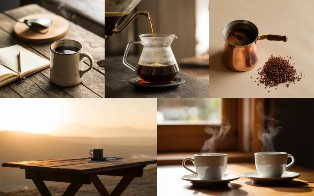 Different morning coffee rituals: creative, mindful, gratitude, outdoor, social.
