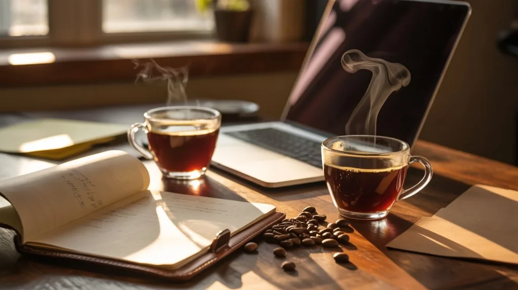 Two cups of coffee beside an open laptop on a wooden table, symbolizing the Coffeeonix team working together on their coffee blog with passion and creativity.