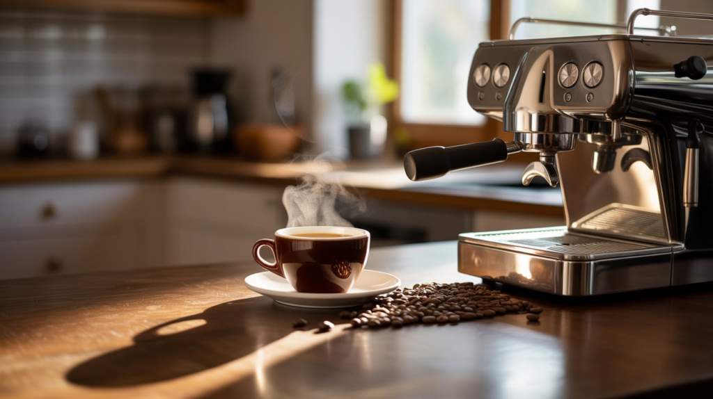 Coffee machine and cup of espresso on wooden table - CoffeeOnix blog about coffee and brewing.
