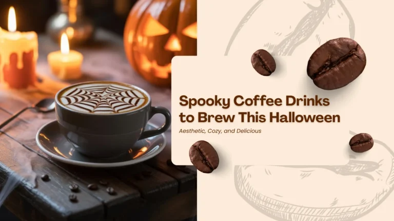 spooky halloween coffee with pumpkins, candles, and latte art.