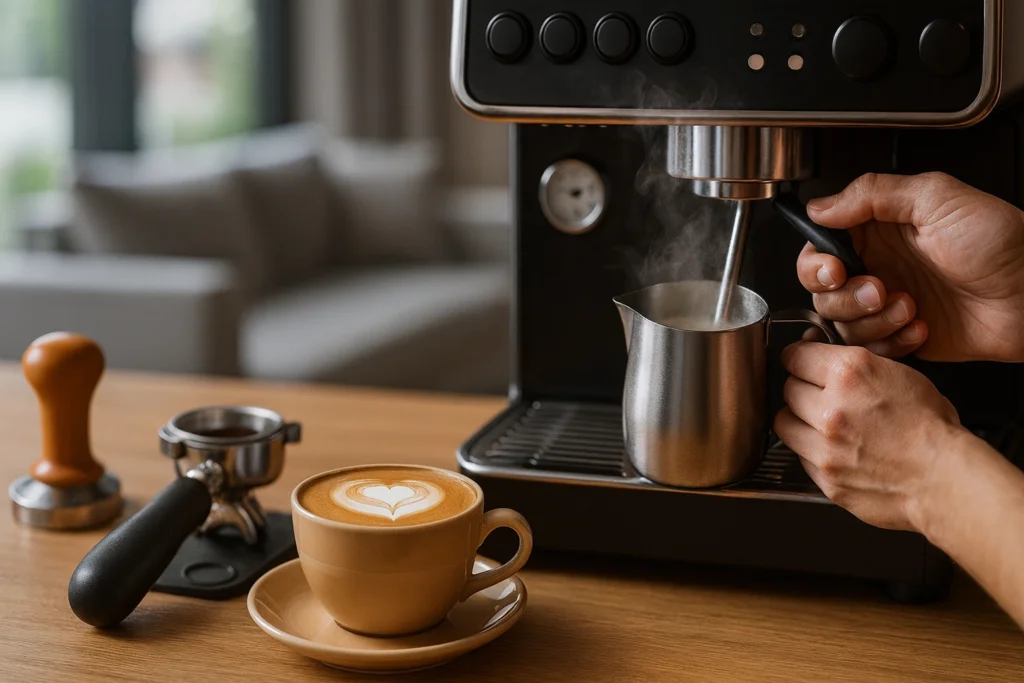Home espresso setup with latte, grinder, and milk jug