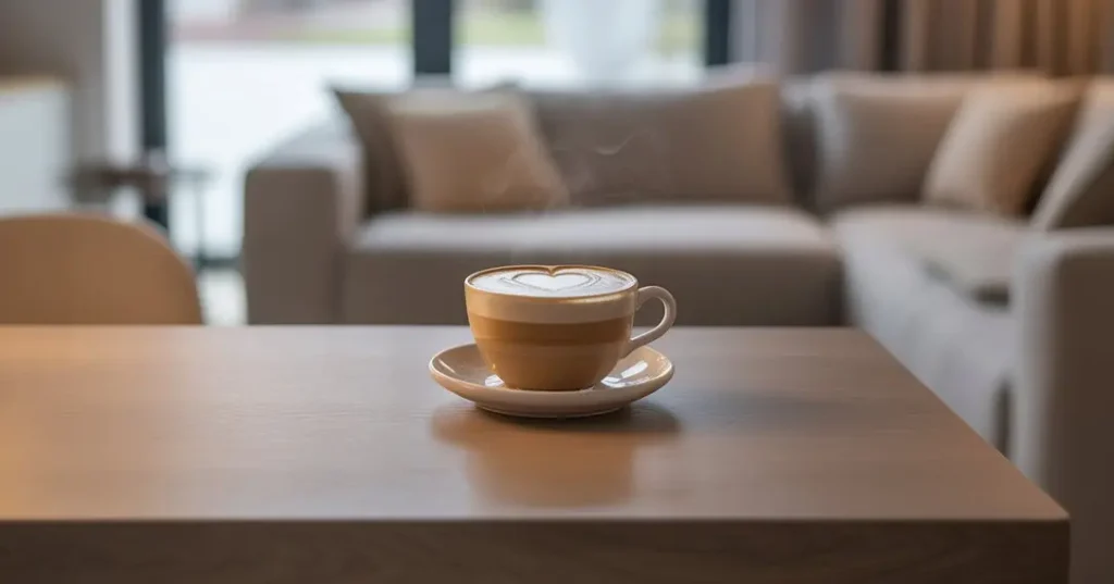 Homemade latte in a glass mug on a wooden table