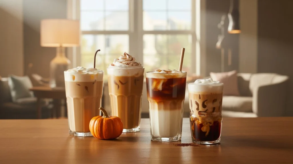 Homemade latte. Iced latte and pumpkin spice latte at home. Latte varieties