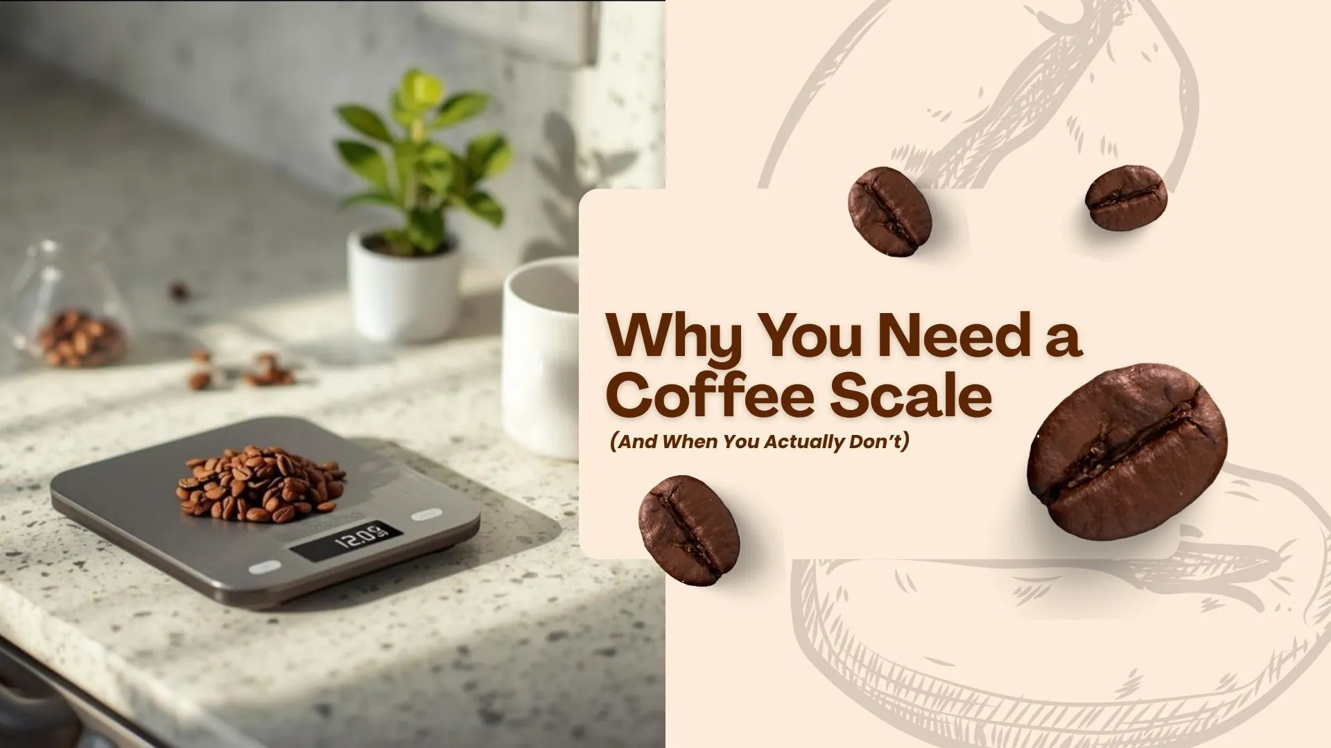 Digital coffee scale with coffee beans and a jar on a terrazzo countertop