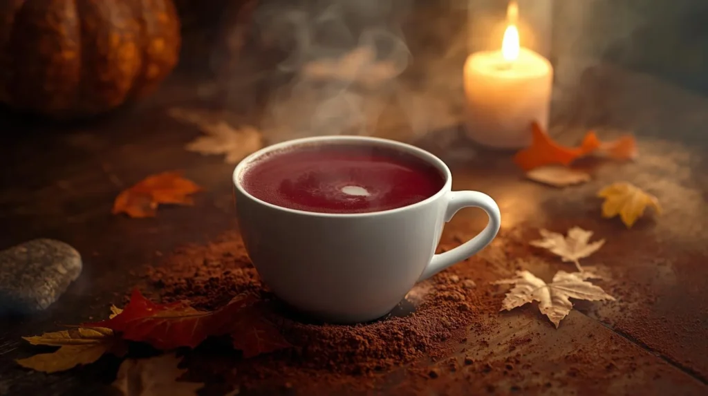 Bloody velvet latte with natural red tint, cozy Halloween lighting and dark rustic background.