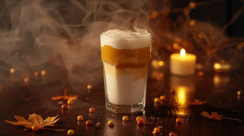Candy corn iced latte with orange and white layers, styled in warm cozy Halloween atmosphere.