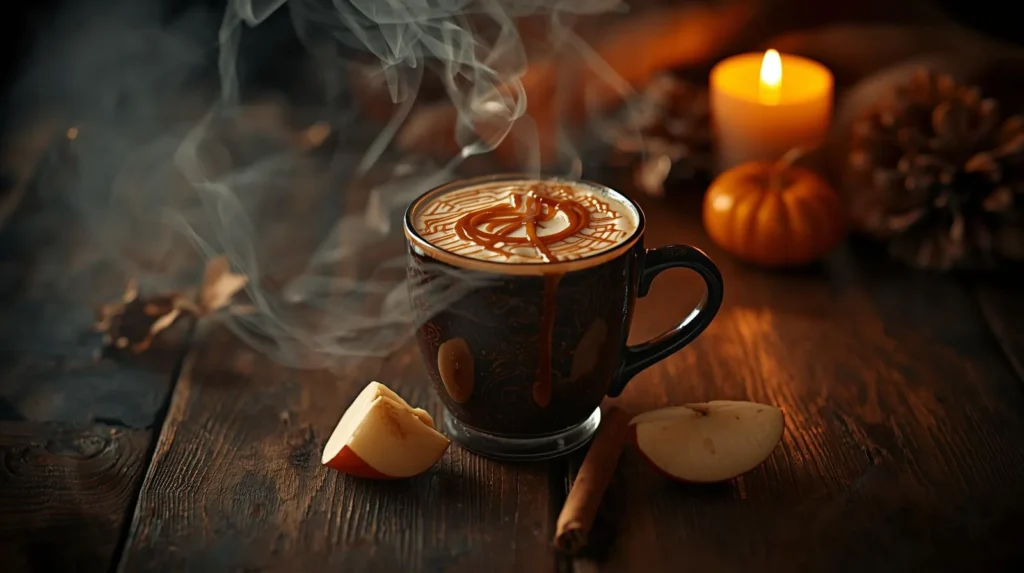 Caramel apple macchiato with caramel drizzle and apple slice, cozy Halloween background.