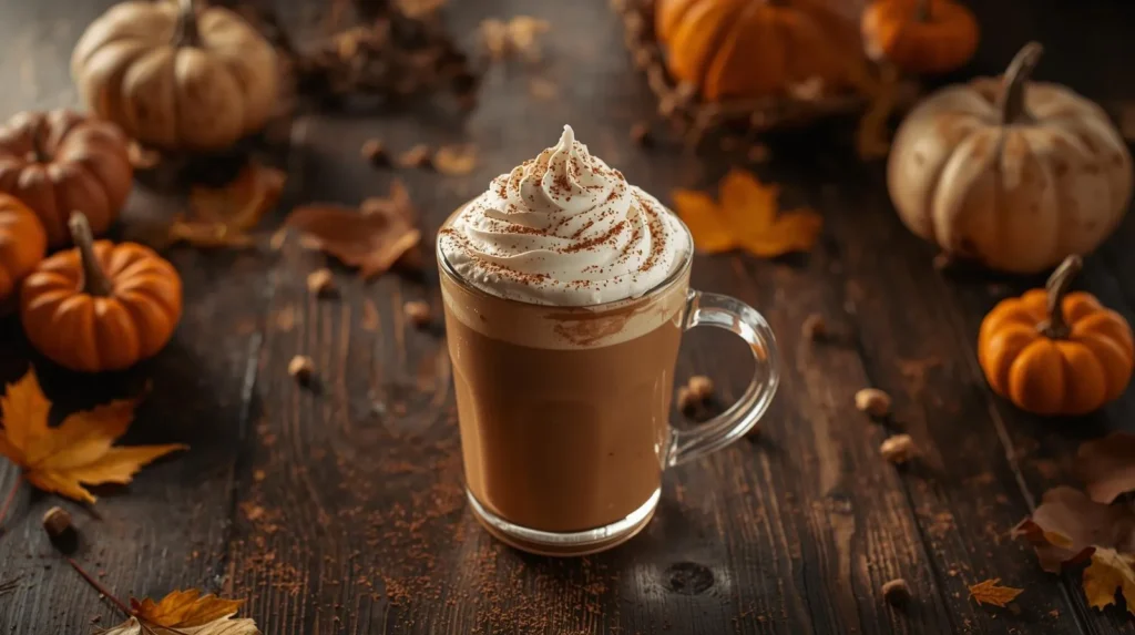 Pumpkin spice latte with whipped cream and cinnamon in cozy Halloween setup