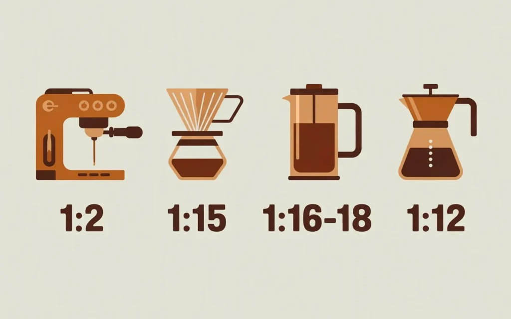 Infographic showing espresso, pour-over, drip, and French press brew ratios.