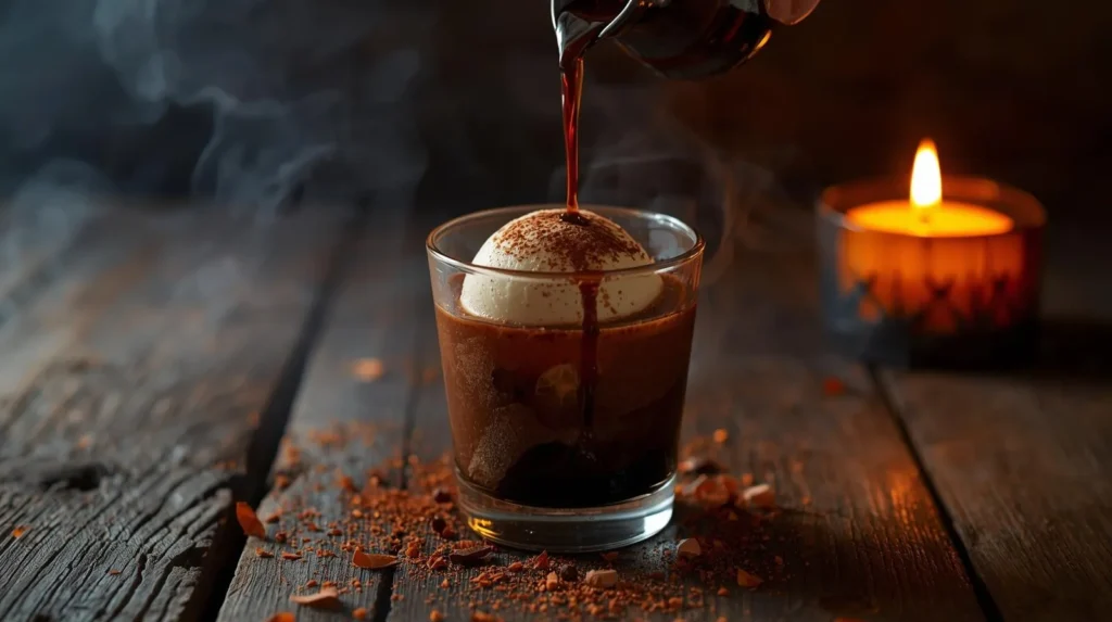Dark forest affogato with espresso and ice cream, cinematic Halloween atmosphere.