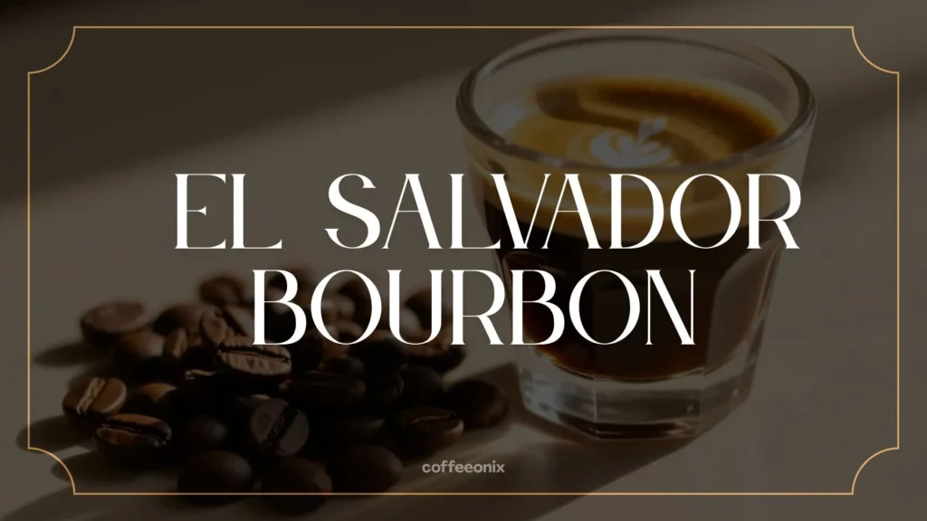El Salvador Bourbon coffee beans beside a clear espresso glass, capturing caramel sweetness and smooth crema texture.