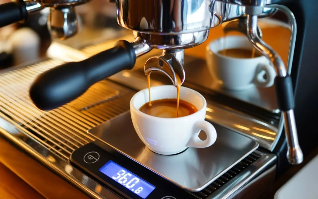 Espresso shot being pulled onto a digital coffee scale showing 36 grams.