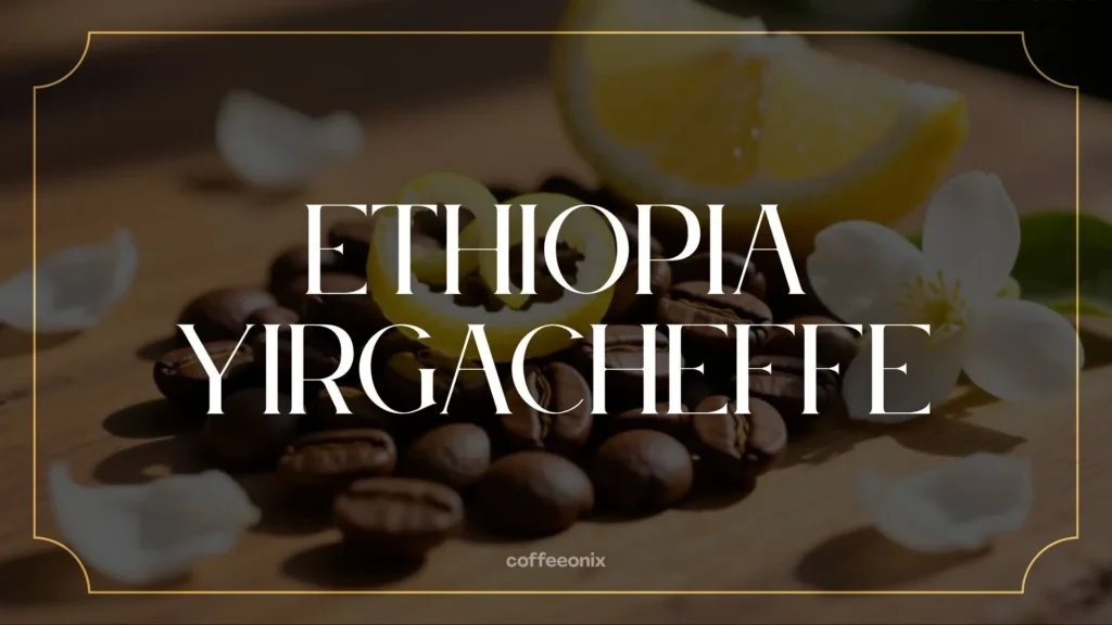 Ethiopia Yirgacheffe coffee beans with lemon slices and jasmine flowers, highlighting bright citrus and floral notes.