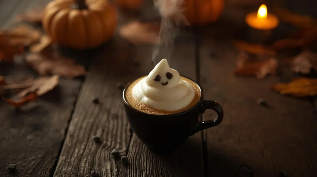 Ghost latte with whipped cream shaped like a ghost and chocolate eyes in cozy Halloween setup