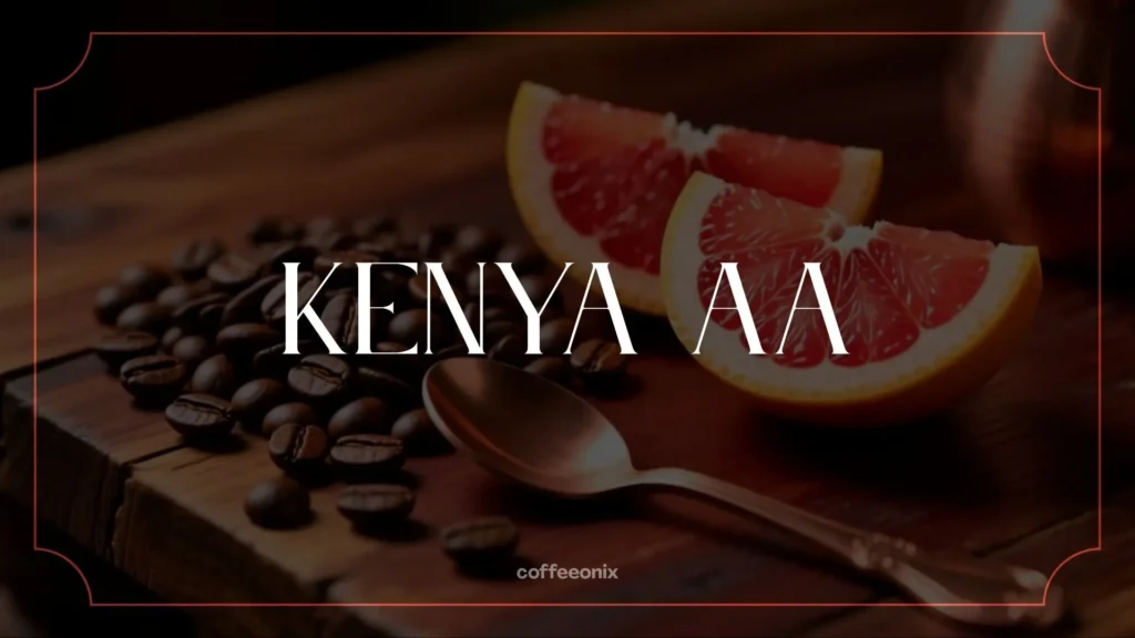 Kenya AA coffee beans on a rustic table with grapefruit slices, reflecting bold fruity acidity and vibrant aroma.