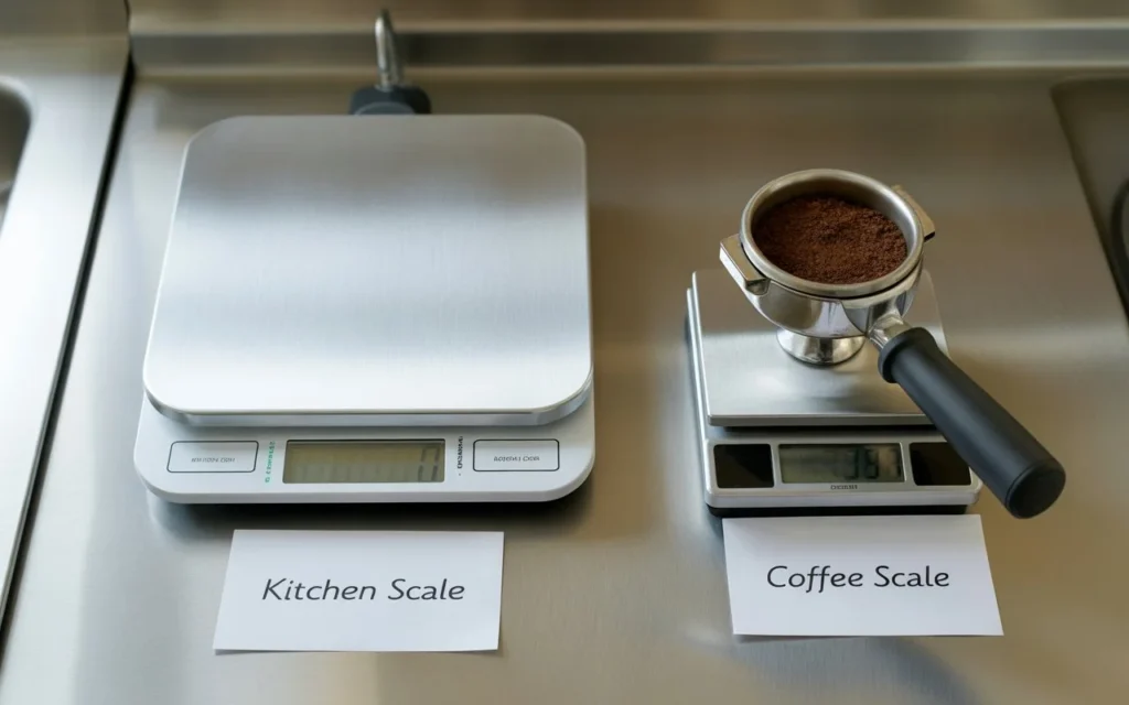 Kitchen scale next to a compact coffee scale with a portafilter on top.