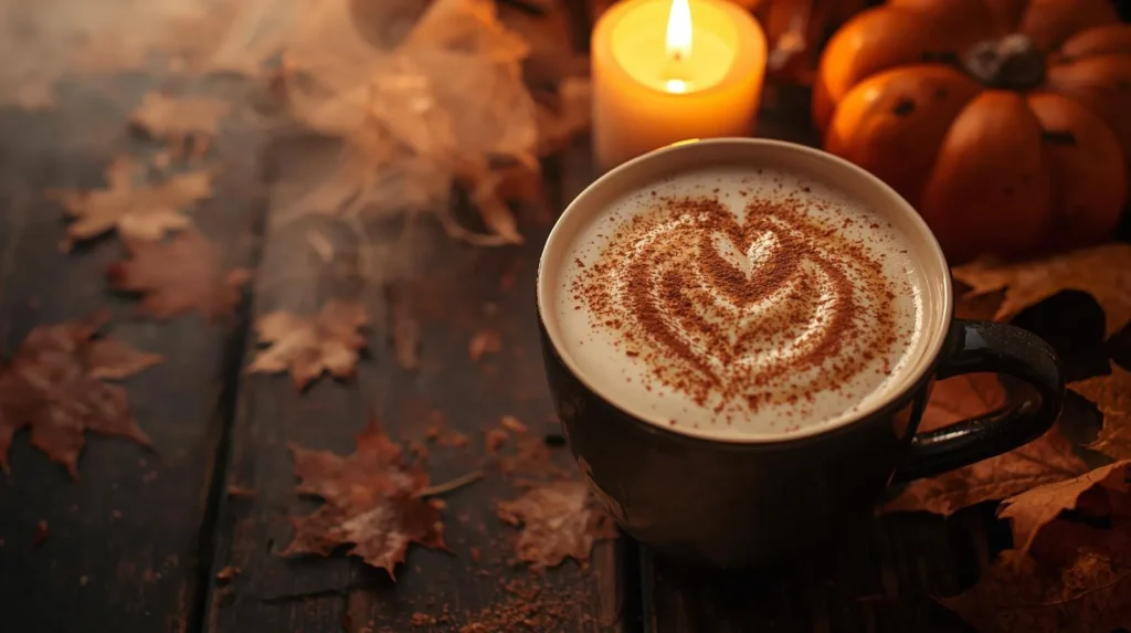 Maple cinnamon cappuccino with spiced foam and maple syrup swirl in warm Halloween setup.