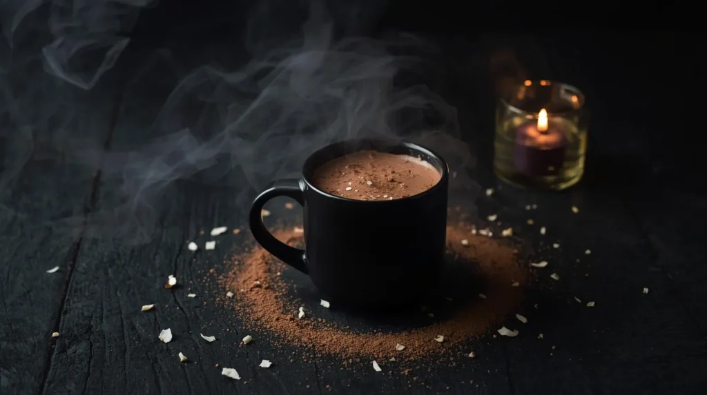Midnight coconut mocha with cocoa foam and coconut flakes in warm cinematic Halloween light.