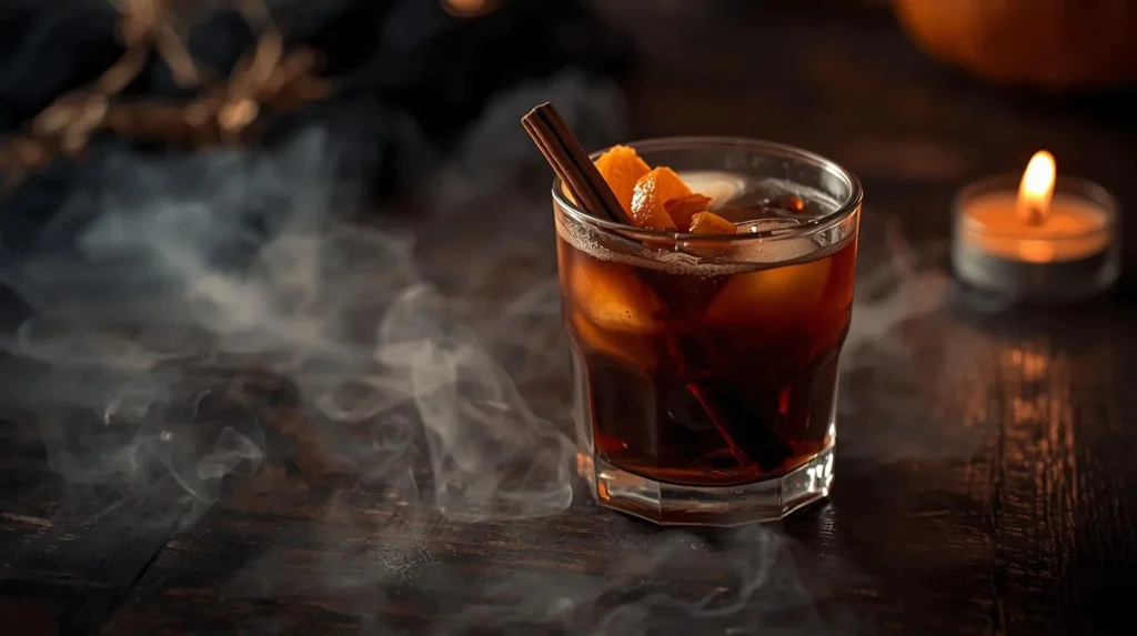 Spiced orange cold brew with orange zest and cinnamon, on moody Halloween wooden table.