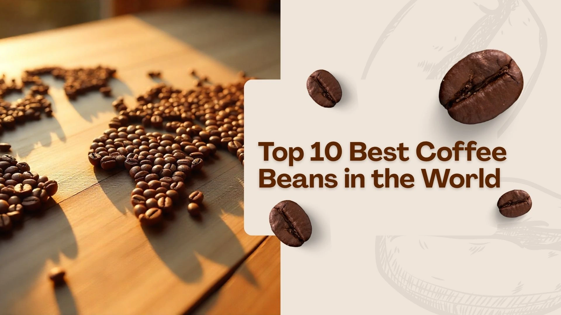 Coffee beans arranged in the shape of a world map on a wooden table in warm sunlight, symbolizing the top 10 best coffee beans from around the world, Coffeeonix blog cover.