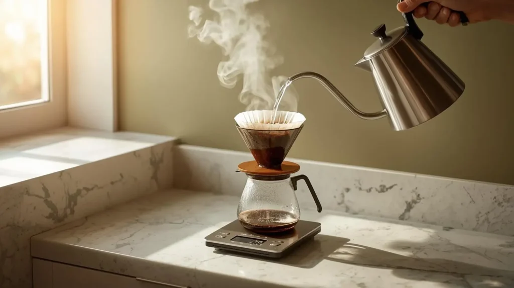 Pour-over coffee being brewed with a V60 dripper on top of a glass server, placed on a digital coffee scale reading 270 grams, with water being poured from a gooseneck kettle on a terrazzo countertop.