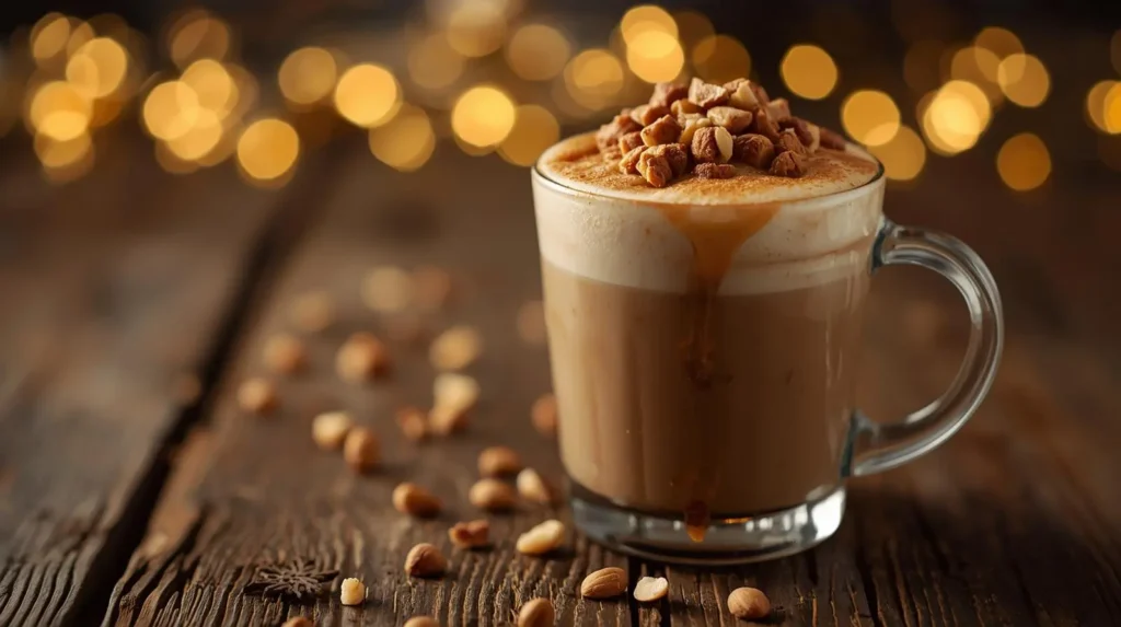 Chestnut praline latte cocktail with caramelized nuts