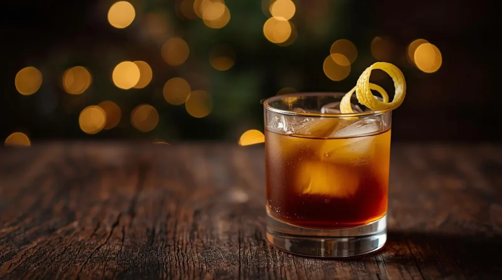 Coffee cocktail made with pine honey and lemon peel