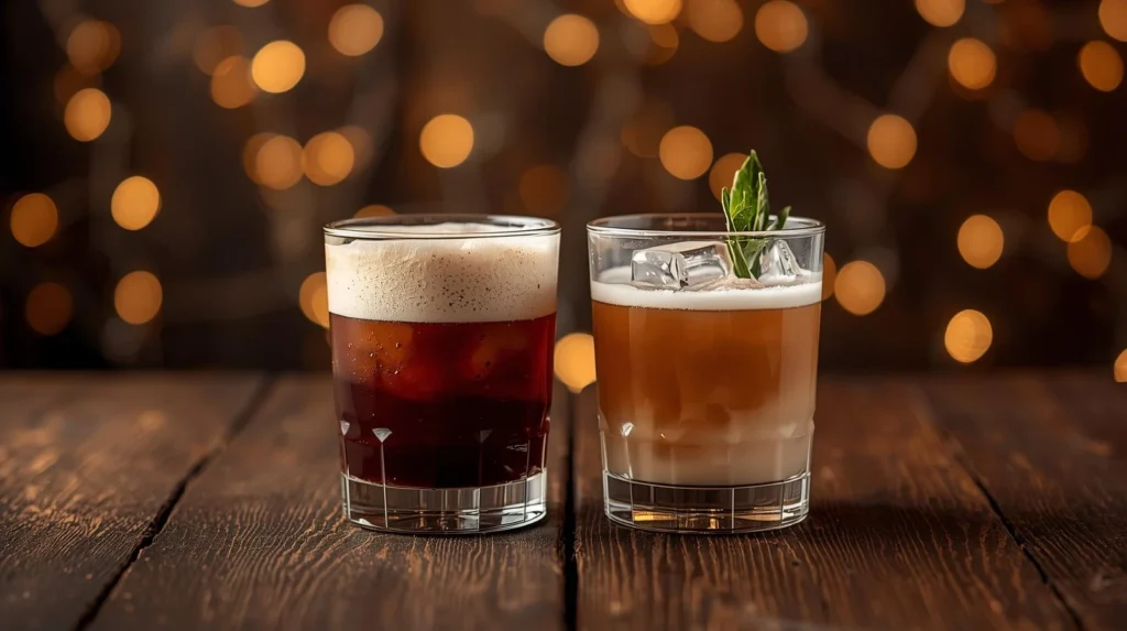 Hot and iced Christmas coffee cocktails side by side