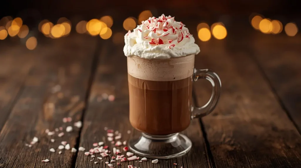 Peppermint mocha coffee cocktail topped with whipped cream and crushed candy cane