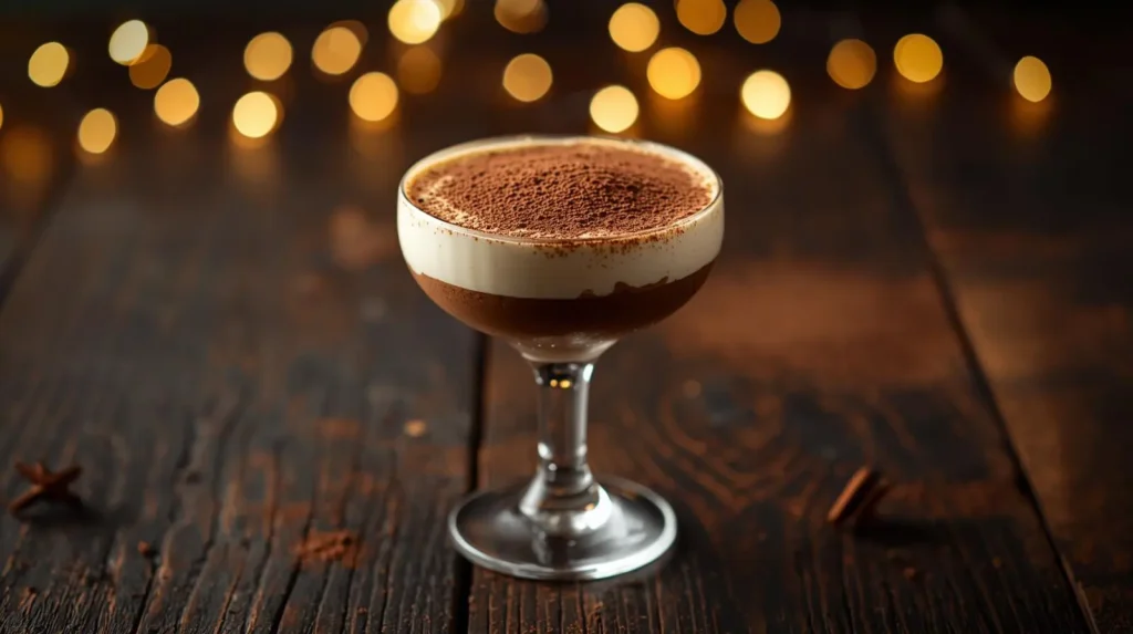 Tiramisu-inspired coffee cocktail with mascarpone cream and cocoa dust