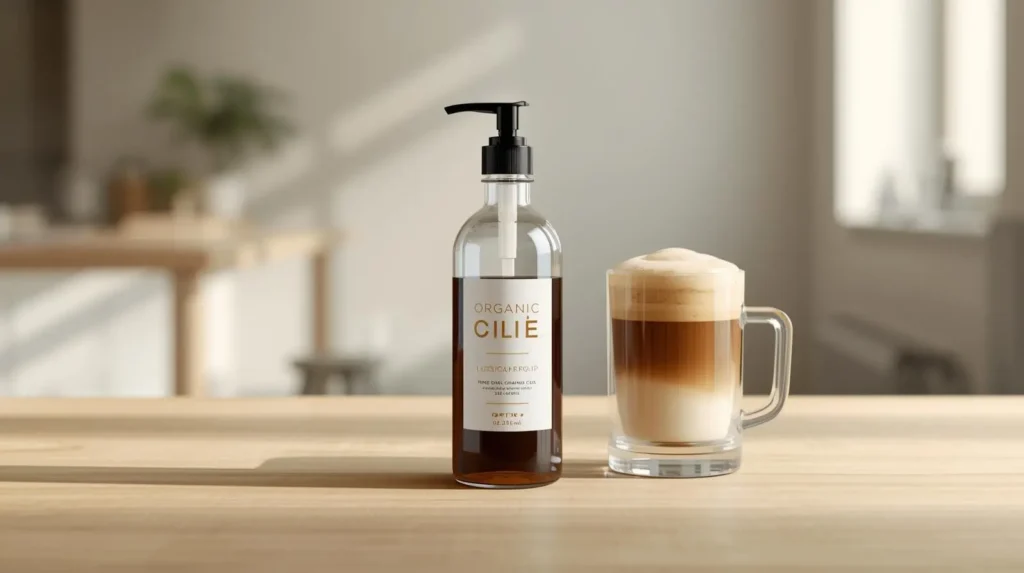 Bottle of the best sugar free coffee syrup next to a fresh latte on an oak table.