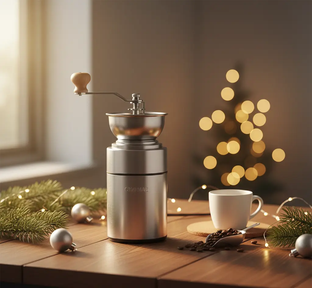 premium burr coffee grinder next to christmas decor