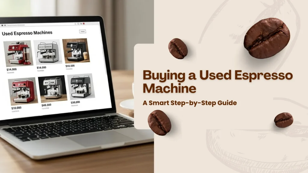 Realistic home workspace with a laptop displaying an online marketplace for used espresso machines, a coffee cup and notebook on a wooden table, soft natural light, calm and professional atmosphere. Buying a Used Espresso Machine