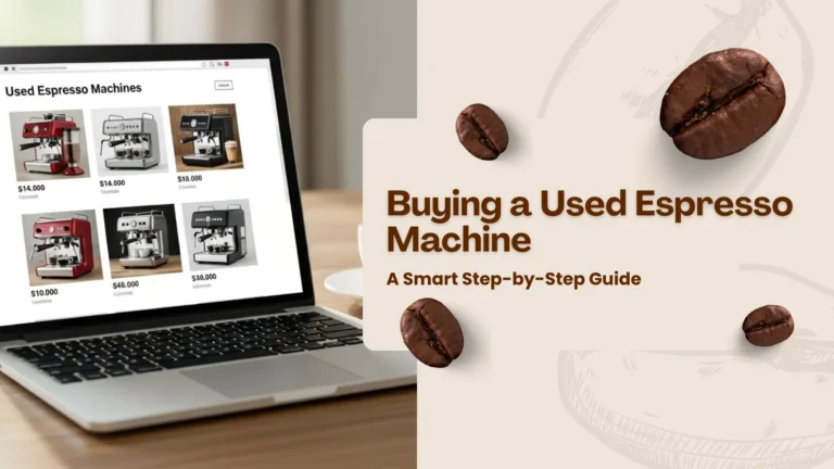 Realistic home workspace with a laptop displaying an online marketplace for used espresso machines, a coffee cup and notebook on a wooden table, soft natural light, calm and professional atmosphere. Buying a Used Espresso Machine