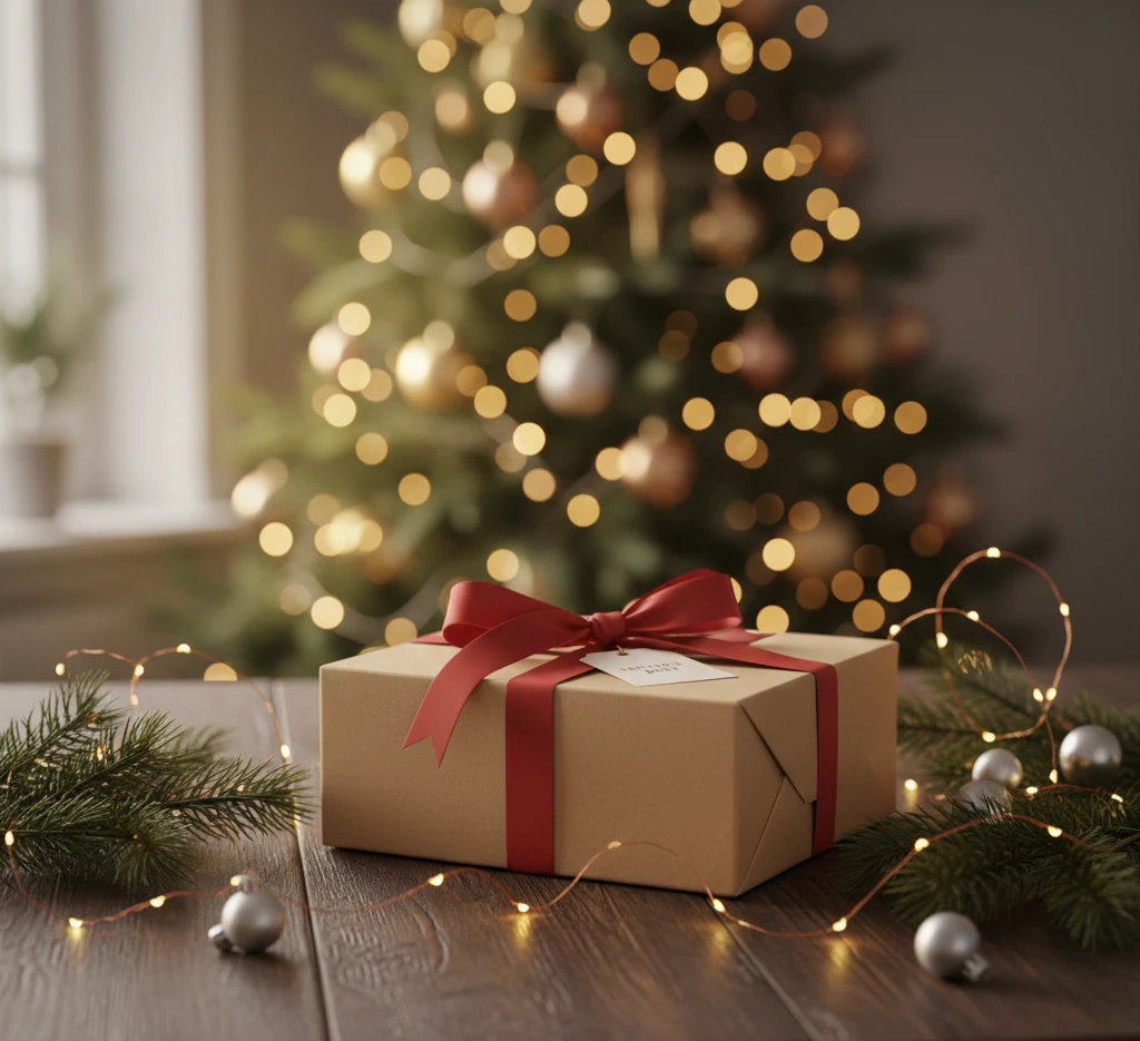 wrapped coffee gift with red ribbon and festive lights