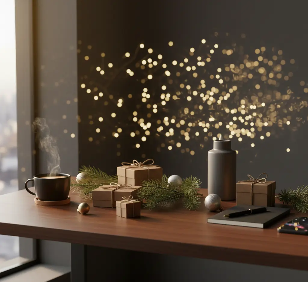 cozy Christmas coffee scene with gift boxes and festive lights
