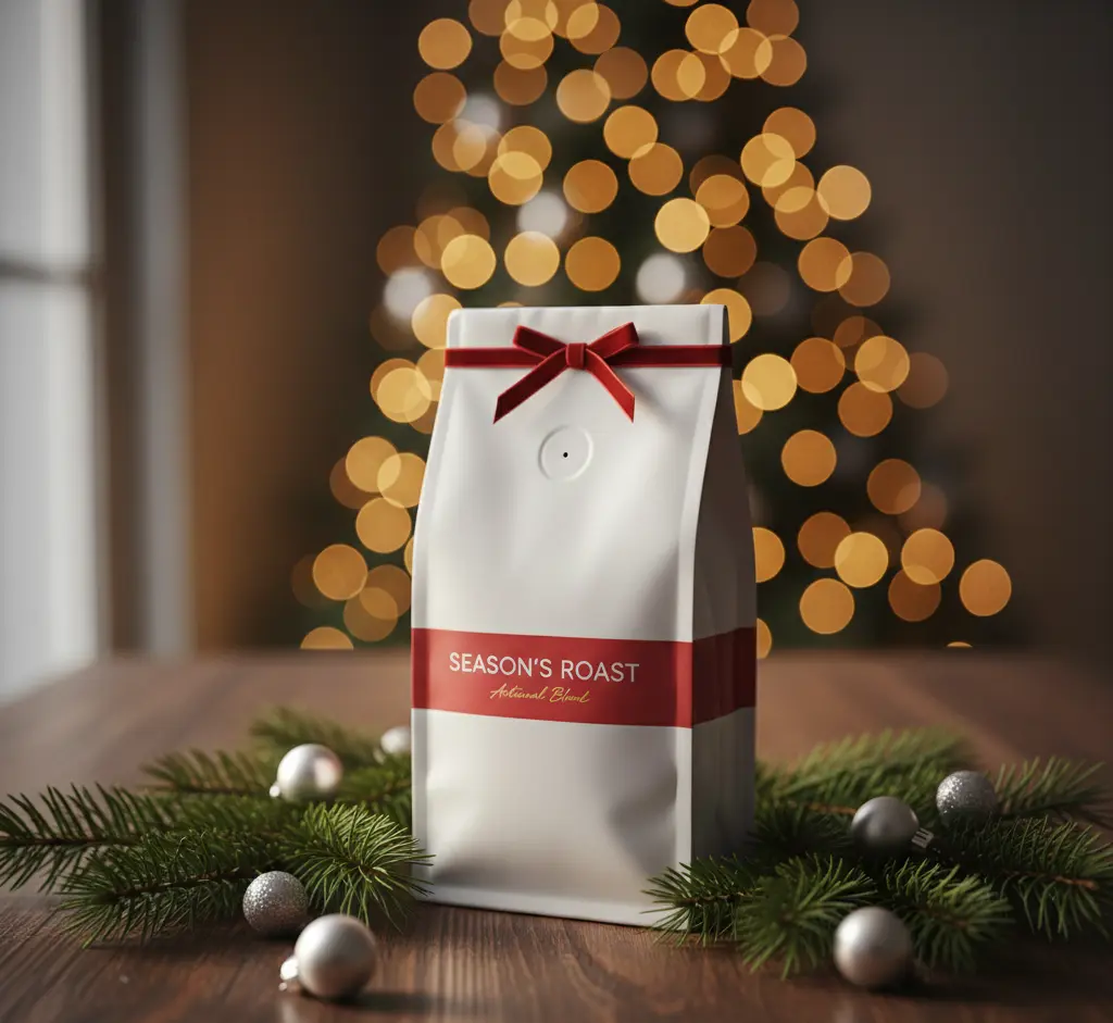 festive seasonal coffee beans packaging on pine branches