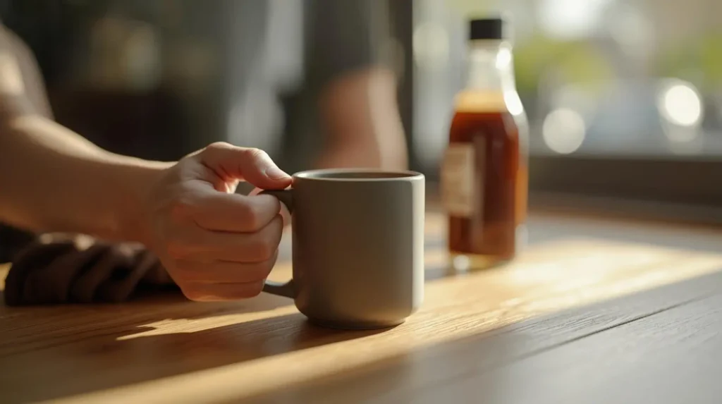 Person holding a coffee mug at a cafe table with a sugar free syrup bottle in the background