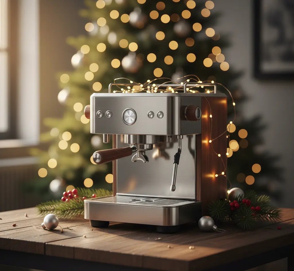 espresso machine wrapped with holiday lights