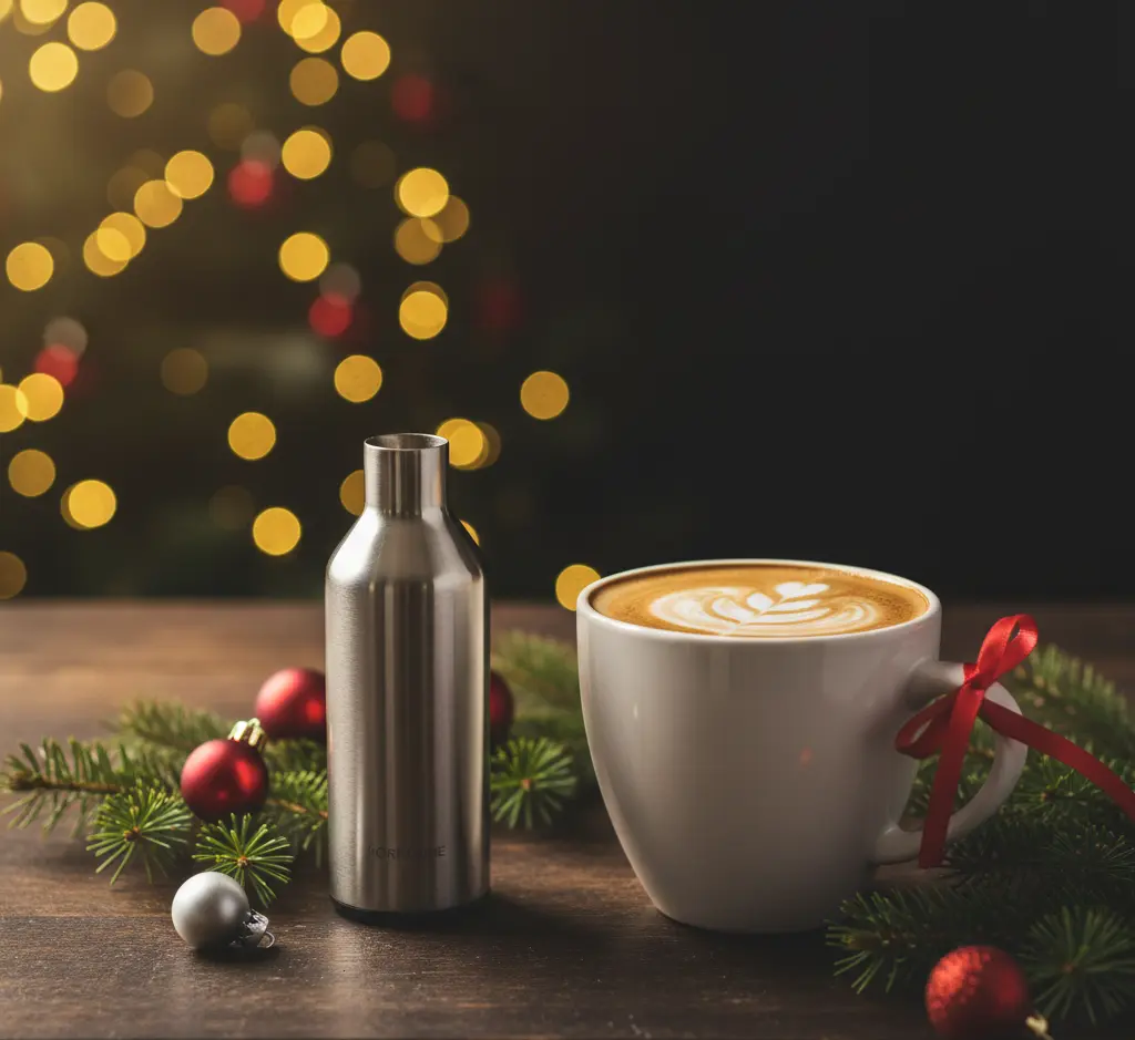handheld milk frother with latte foam in a Christmas mug