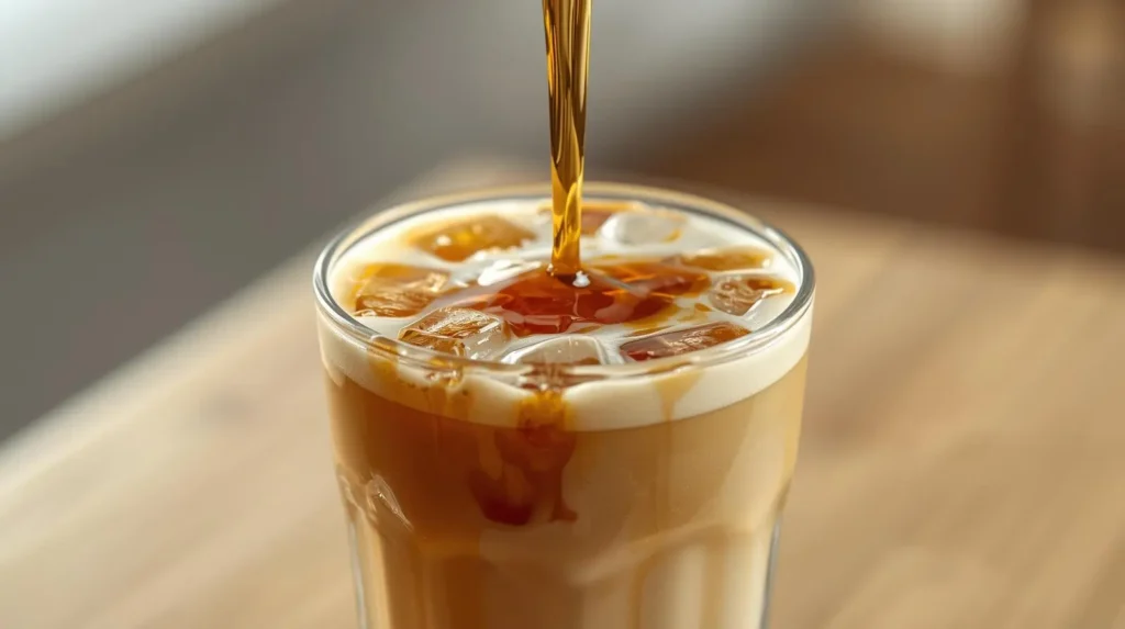 Pouring thick golden-amber sugar free syrup into an iced latte