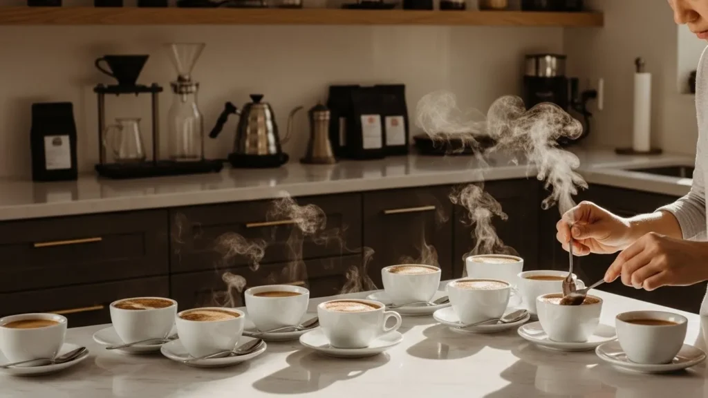 Q Grader breaking coffee crust during specialty coffee cupping evaluation