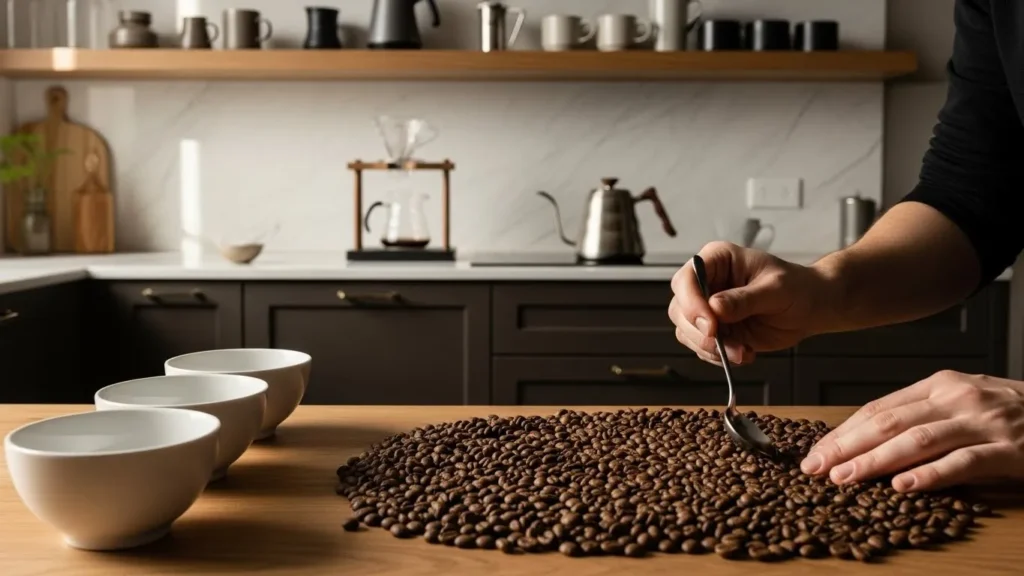 Professional coffee cupping session showing specialty coffee evaluation with white ceramic cups