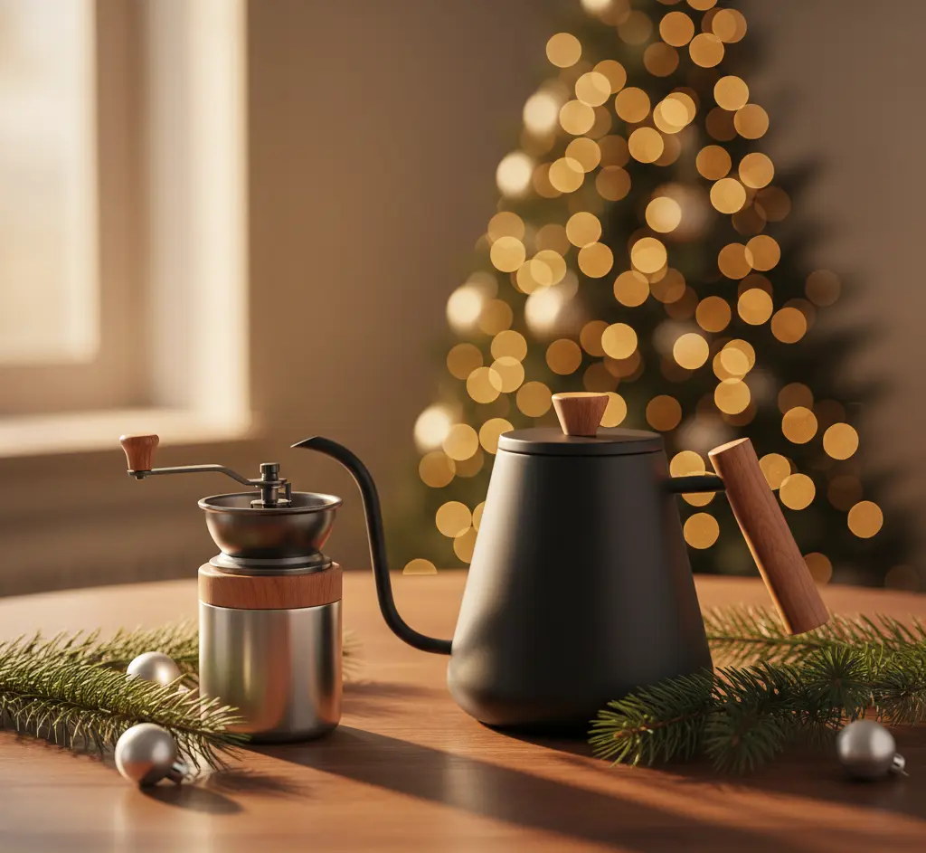premium coffee gear on a table with Christmas decor