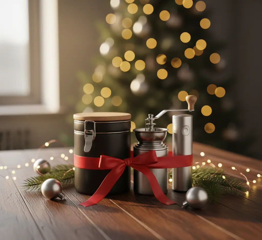 $50-range coffee accessories arranged with ribbon