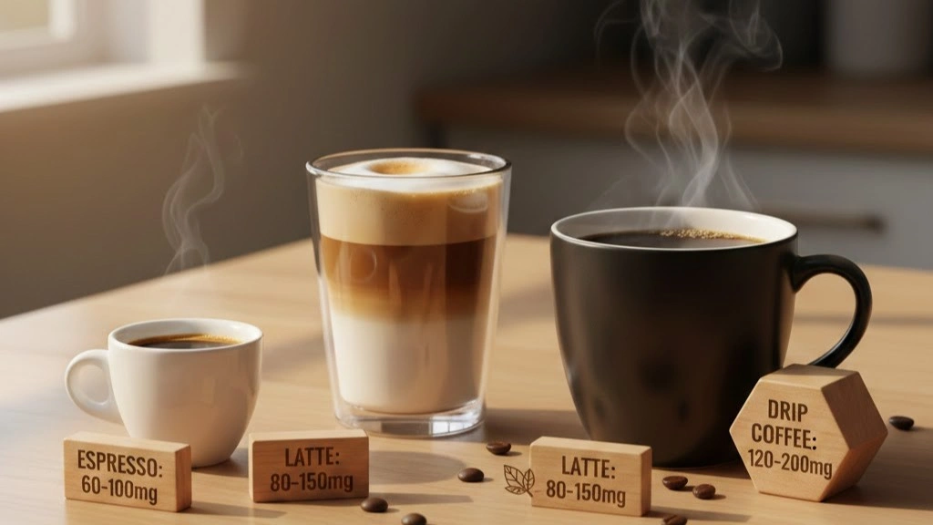 Three coffee drinks—espresso, latte, and drip coffee—on a table with wooden blocks showing their caffeine ranges in mg.