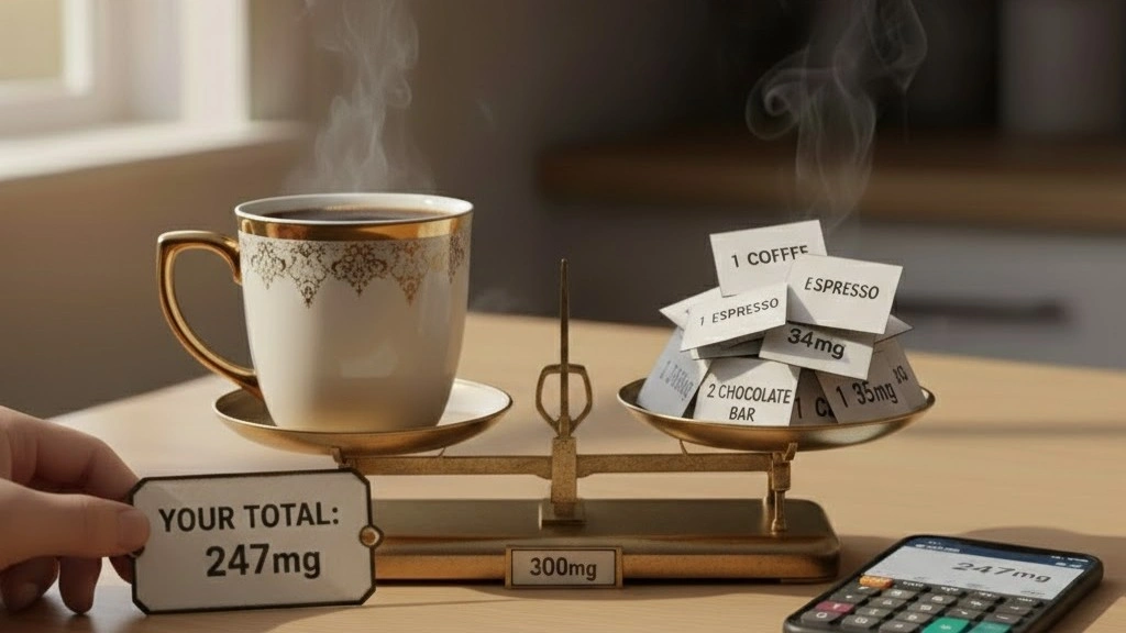 A hand holding a "247mg" total tag next to a scale balancing coffee and various caffeine source labels.