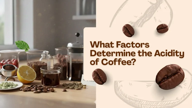 A conceptual tabletop setup showing a French press, coffee beans, citrus, and laboratory glassware to illustrate the chemical and brewing factors of coffee acidity