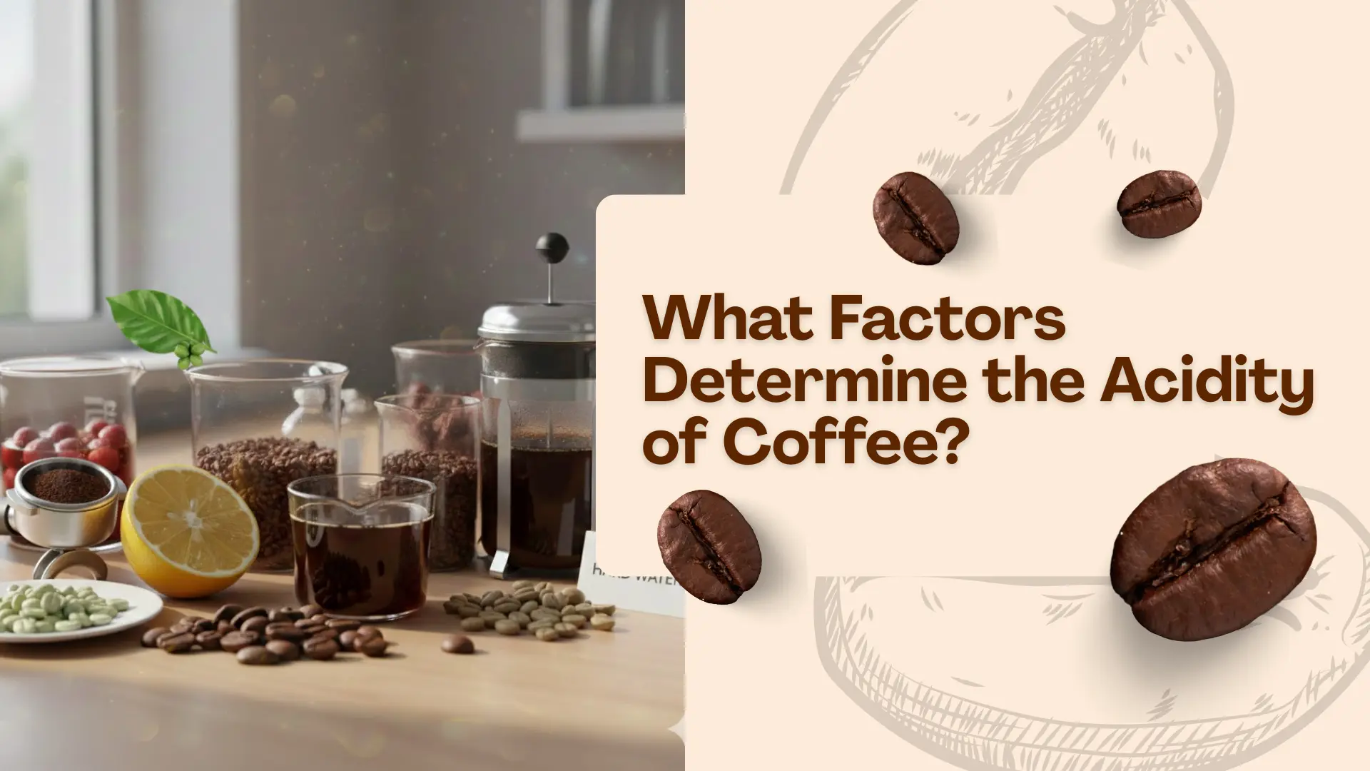 A conceptual tabletop setup showing a French press, coffee beans, citrus, and laboratory glassware to illustrate the chemical and brewing factors of coffee acidity