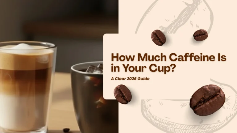 A glass of iced espresso, a layered latte, and a cup of iced black coffee on a wooden table with blocks showing caffeine content.